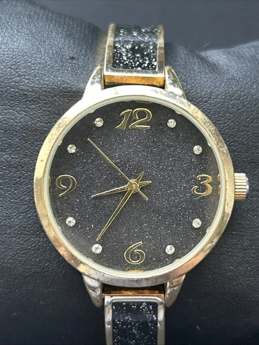 Gold Tone Black Glitter Dial And Band Women’s Quartz Watch